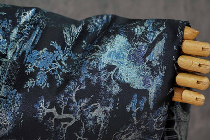 Black Blue Pavilion Landscape Song Brocade Fabric, Yarn-Dyed Jacquard Textile for Qipao, Jackets, Bags, Decor and Sewing, 59"Wide