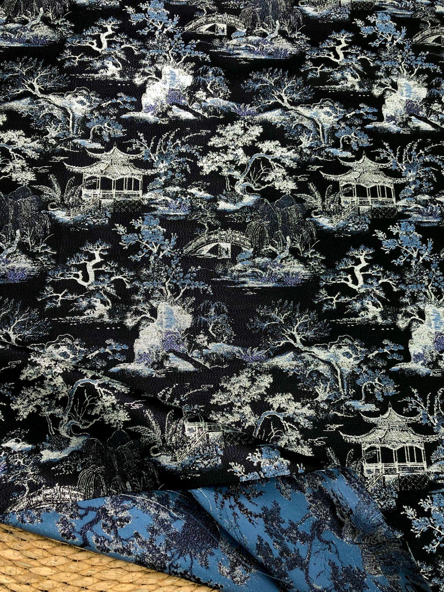 Black Blue Pavilion Landscape Song Brocade Fabric, Yarn-Dyed Jacquard Textile for Qipao, Jackets, Bags, Decor and Sewing, 59"Wide