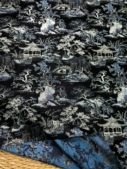 Black Blue Pavilion Landscape Song Brocade Fabric, Yarn-Dyed Jacquard Textile for Qipao, Jackets, Bags, Decor and Sewing, 59"Wide
