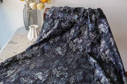Black Blue Pavilion Landscape Song Brocade Fabric, Yarn-Dyed Jacquard Textile for Qipao, Jackets, Bags, Decor and Sewing, 59"Wide