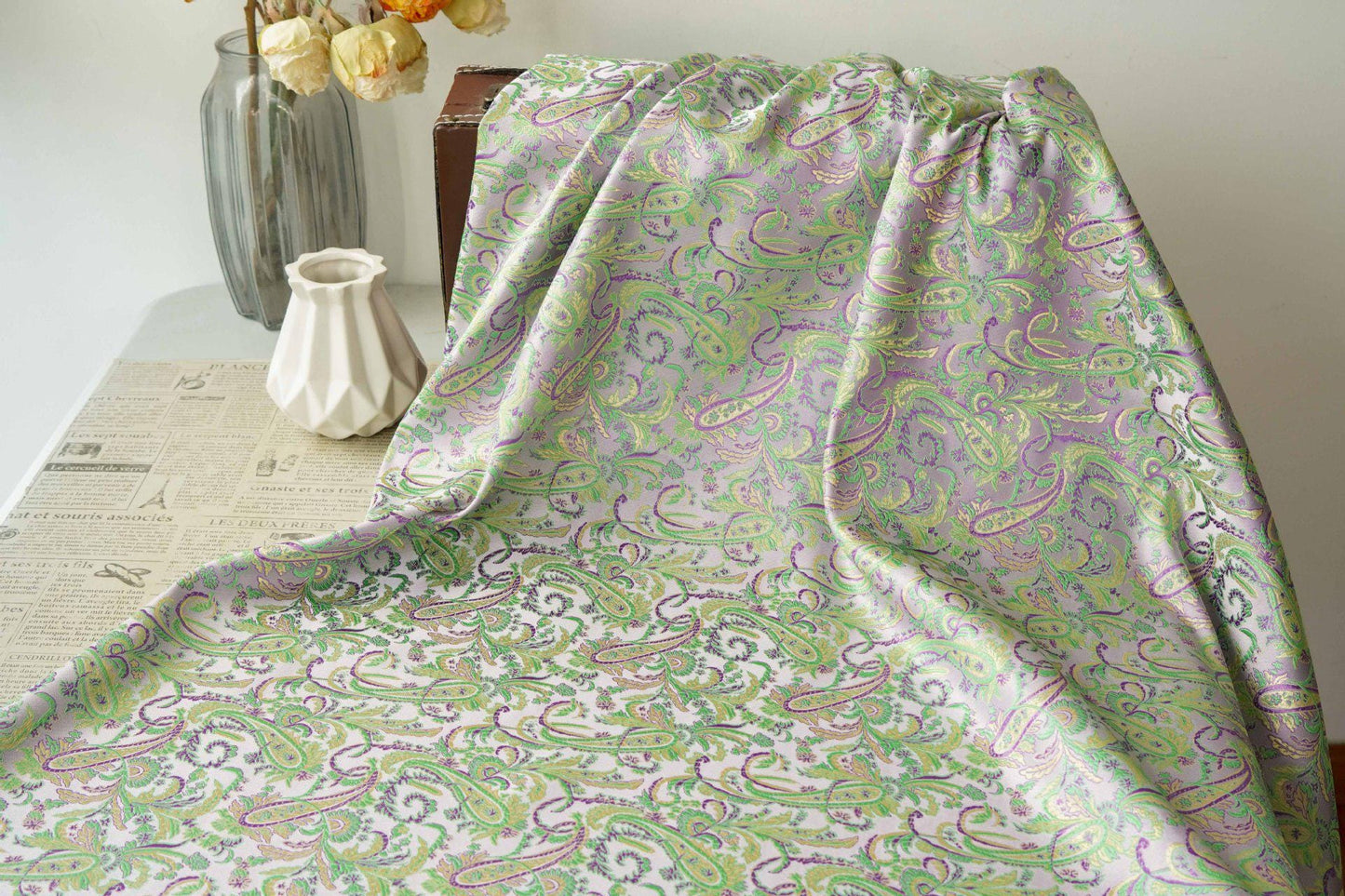 Paisley Brocade Satin Fabric, Scroll Floral Jacquard Textile, Decorative Woven Fabric for Dressmaking, Bags, Sewing and Home Decor, 58"Wide