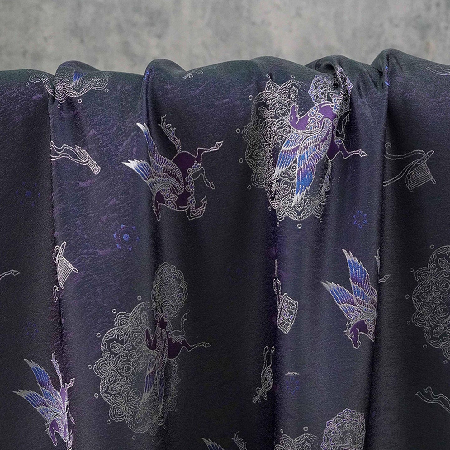 Dark Purple Winged Horse Song Brocade Fabric, Yarn-Dyed Jacquard Textile for Qipao, Hanfu, Dresses, Jackets, Bags and Sewing, 59"Wide