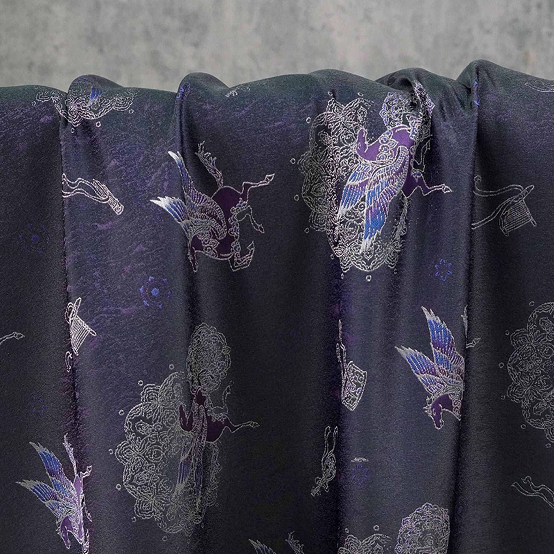 Dark Purple Winged Horse Song Brocade Fabric, Yarn-Dyed Jacquard Textile for Qipao, Hanfu, Dresses, Jackets, Bags and Sewing, 59"Wide