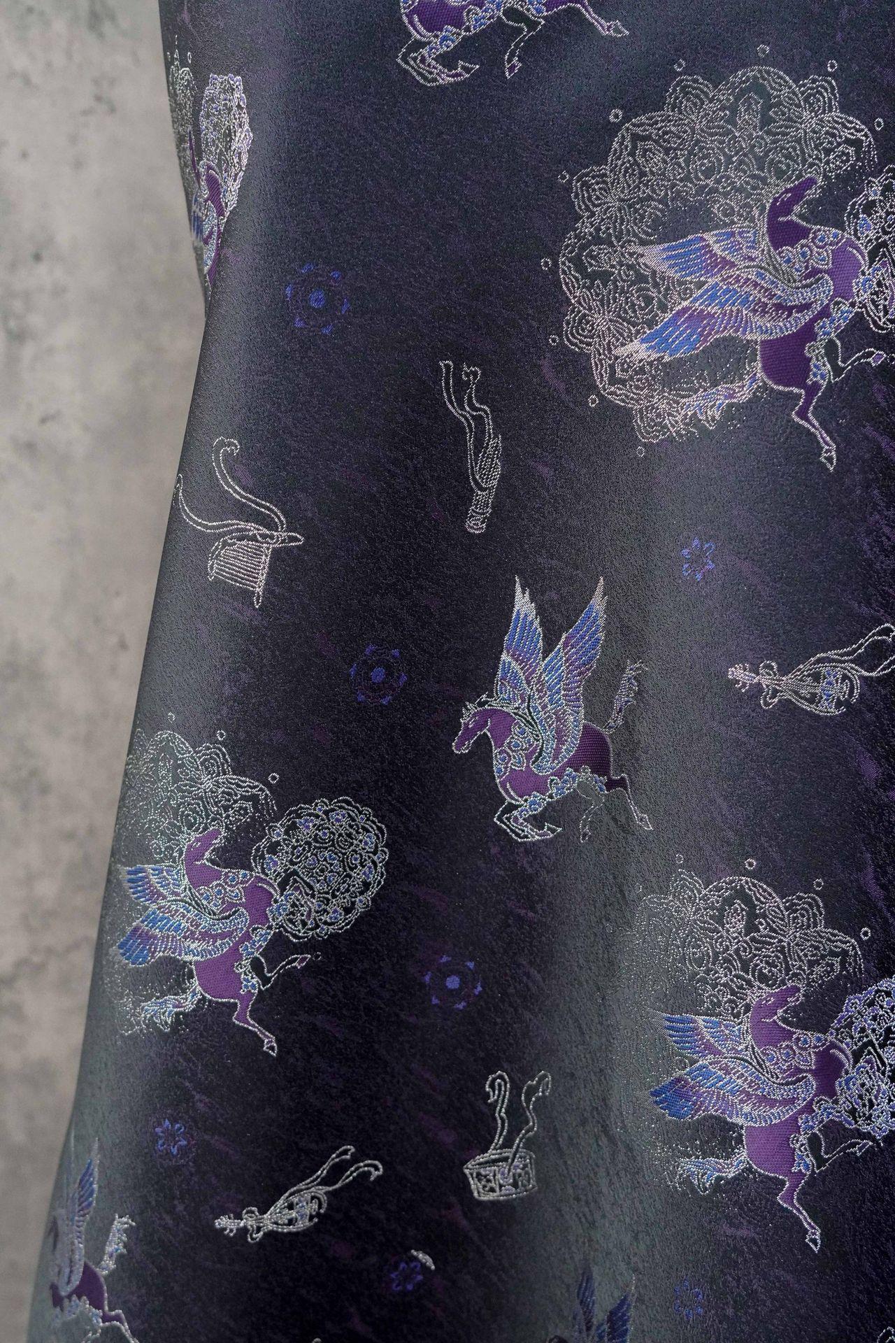 Dark Purple Winged Horse Song Brocade Fabric, Yarn-Dyed Jacquard Textile for Qipao, Hanfu, Dresses, Jackets, Bags and Sewing, 59"Wide