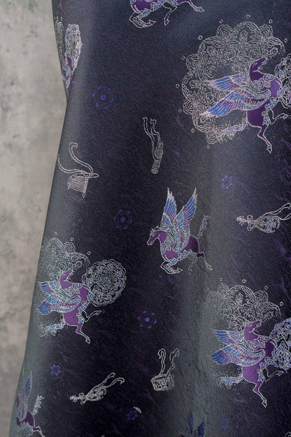Dark Purple Winged Horse Song Brocade Fabric, Yarn-Dyed Jacquard Textile for Qipao, Hanfu, Dresses, Jackets, Bags and Sewing, 59"Wide