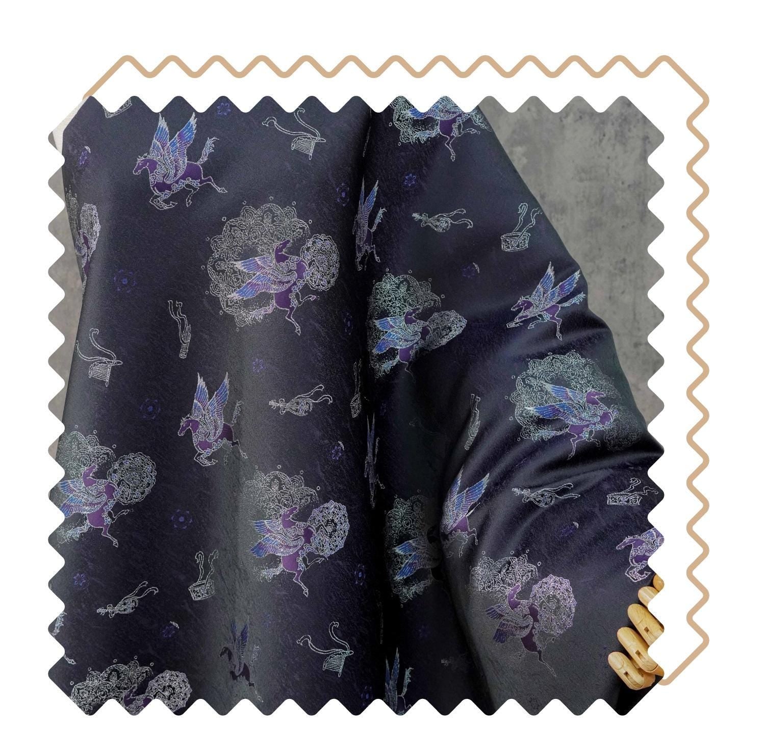 Dark Purple Winged Horse Song Brocade Fabric, Yarn-Dyed Jacquard Textile for Qipao, Hanfu, Dresses, Jackets, Bags and Sewing, 59"Wide