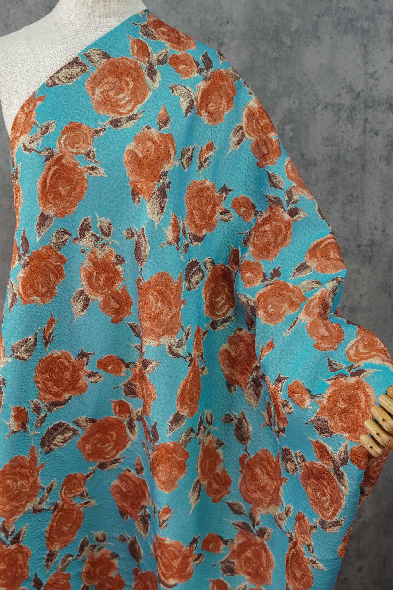 Vintage-Style 3D Embossed Rose Jacquard Fabric, Blue Floral Woven Textile for Dressmaking, Jackets, Bags and Home Decor, 55"Wide