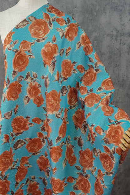 Vintage-Style 3D Embossed Rose Jacquard Fabric, Blue Floral Woven Textile for Dressmaking, Jackets, Bags and Home Decor, 55"Wide