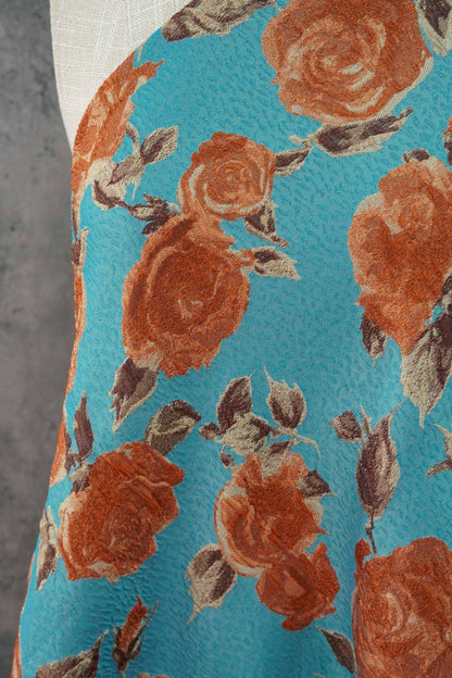Vintage-Style 3D Embossed Rose Jacquard Fabric, Blue Floral Woven Textile for Dressmaking, Jackets, Bags and Home Decor, 55"Wide