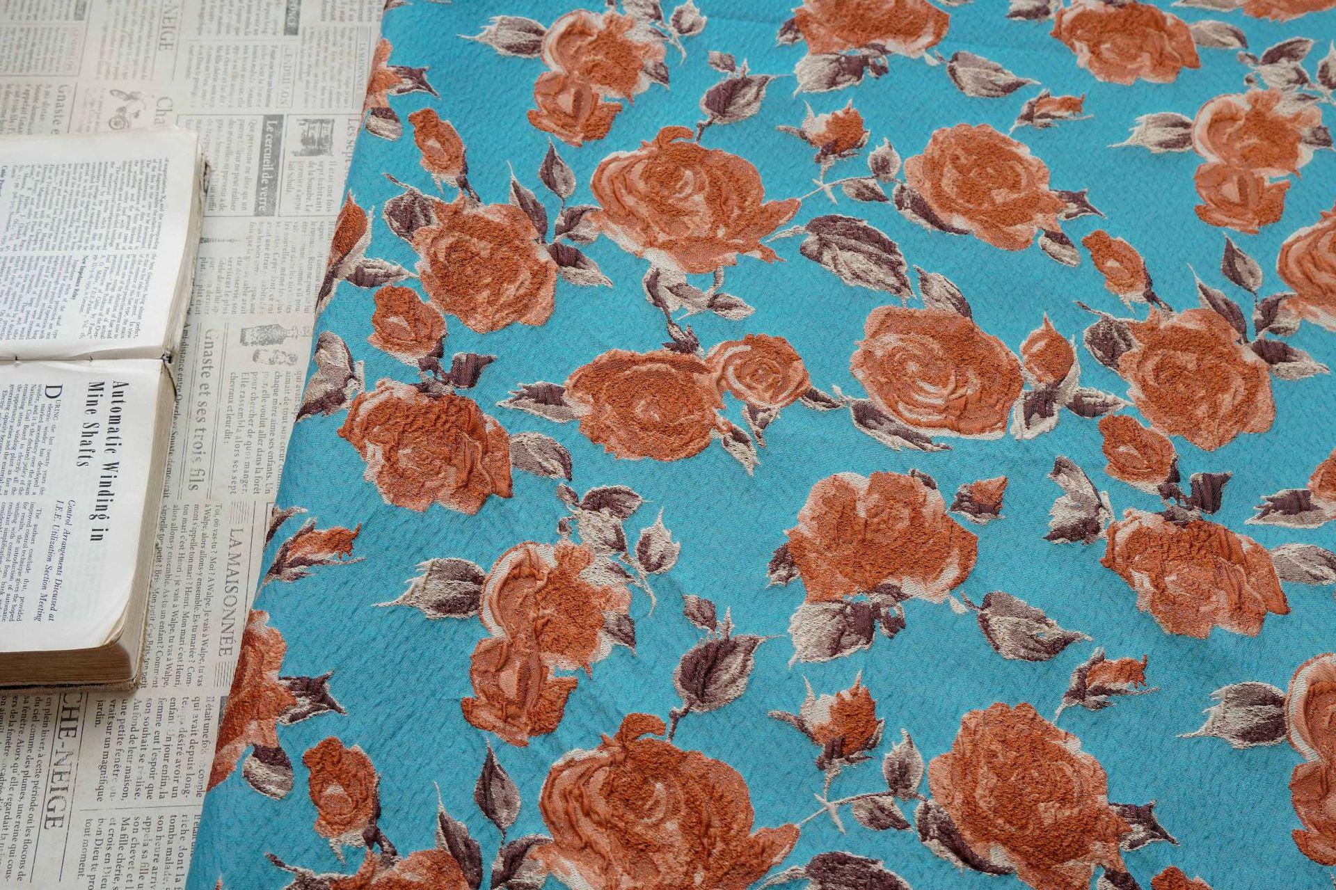 Vintage-Style 3D Embossed Rose Jacquard Fabric, Blue Floral Woven Textile for Dressmaking, Jackets, Bags and Home Decor, 55"Wide
