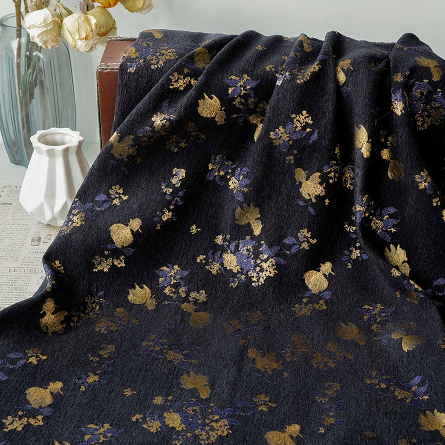 Goldfish Orchid Chenille Jacquard Fabric, Black Heavy Upholstery Textile for Sofa, Cushions, Bags and Home Decor, 58"Wide