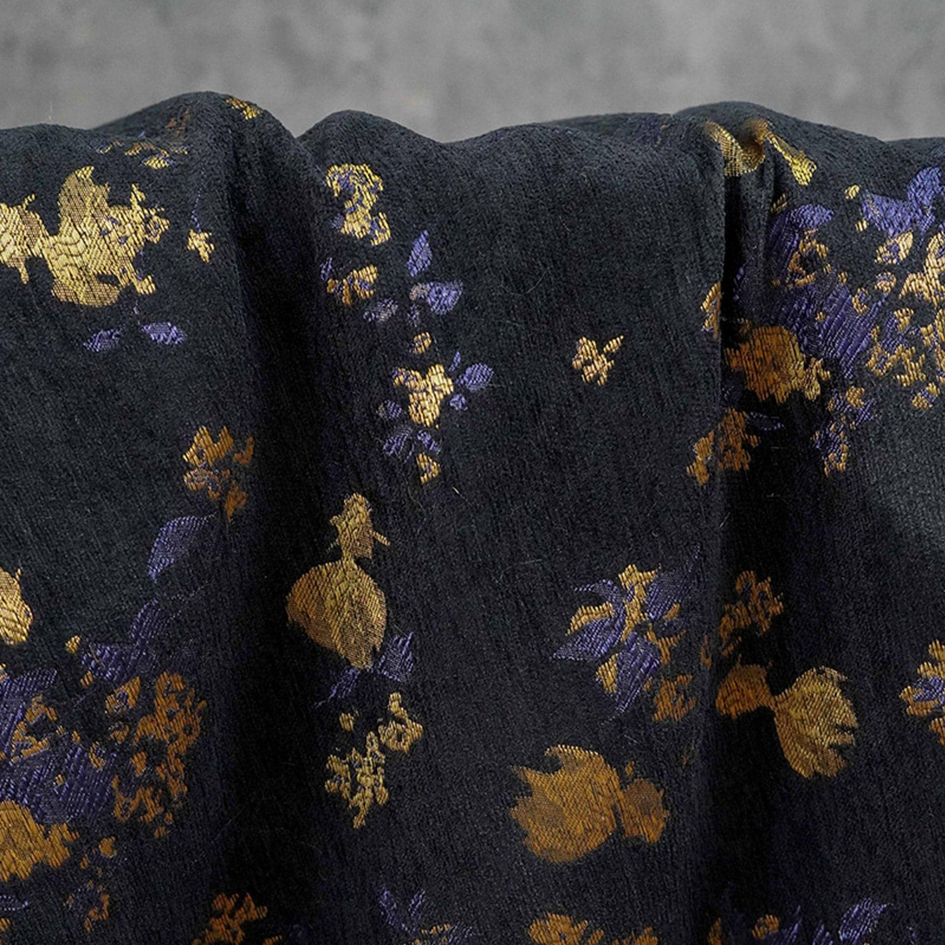 Goldfish Orchid Chenille Jacquard Fabric, Black Heavy Upholstery Textile for Sofa, Cushions, Bags and Home Decor, 58"Wide