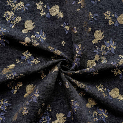 Goldfish Orchid Chenille Jacquard Fabric, Black Heavy Upholstery Textile for Sofa, Cushions, Bags and Home Decor, 58"Wide