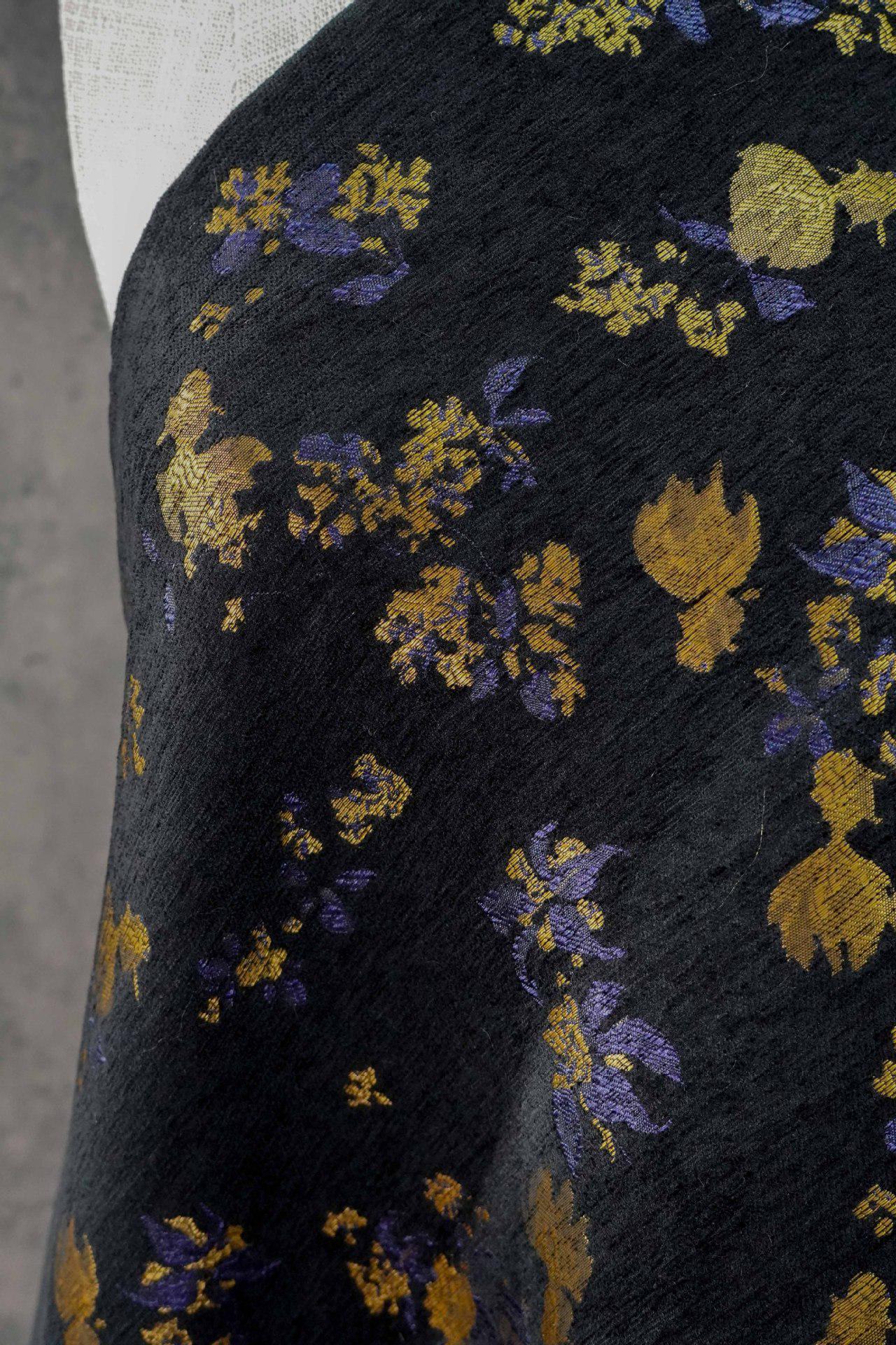Goldfish Orchid Chenille Jacquard Fabric, Black Heavy Upholstery Textile for Sofa, Cushions, Bags and Home Decor, 58"Wide