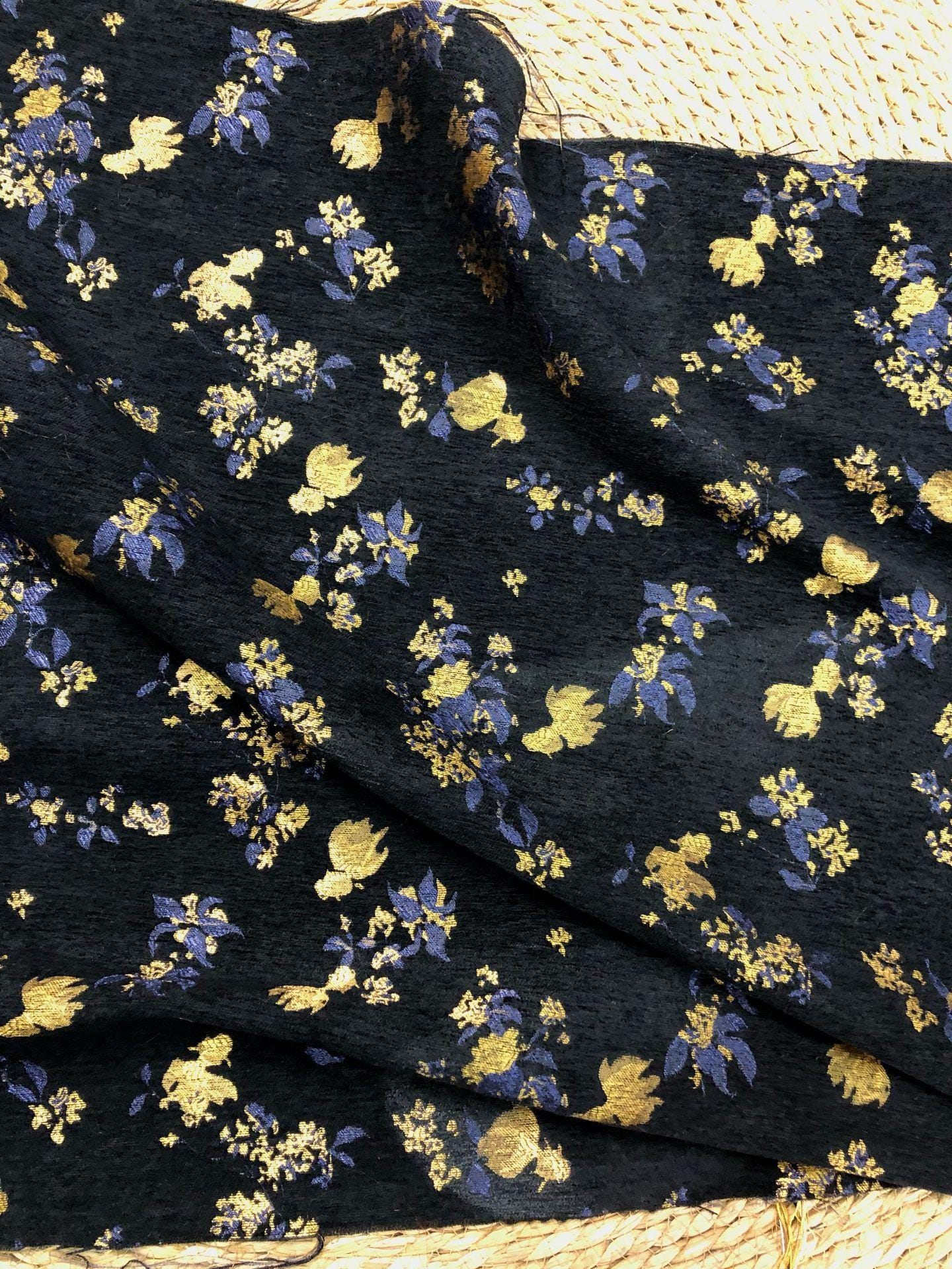 Goldfish Orchid Chenille Jacquard Fabric, Black Heavy Upholstery Textile for Sofa, Cushions, Bags and Home Decor, 58"Wide