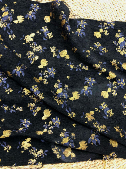 Goldfish Orchid Chenille Jacquard Fabric, Black Heavy Upholstery Textile for Sofa, Cushions, Bags and Home Decor, 58"Wide