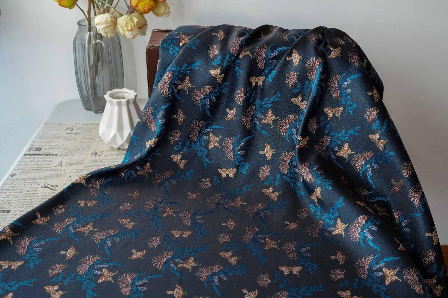 Reversible Butterfly Floral Song Brocade Fabric, Yarn-Dyed Jacquard Textile for Qipao, Hanfu, Dresses, Bags and Sewing, 59"Wide