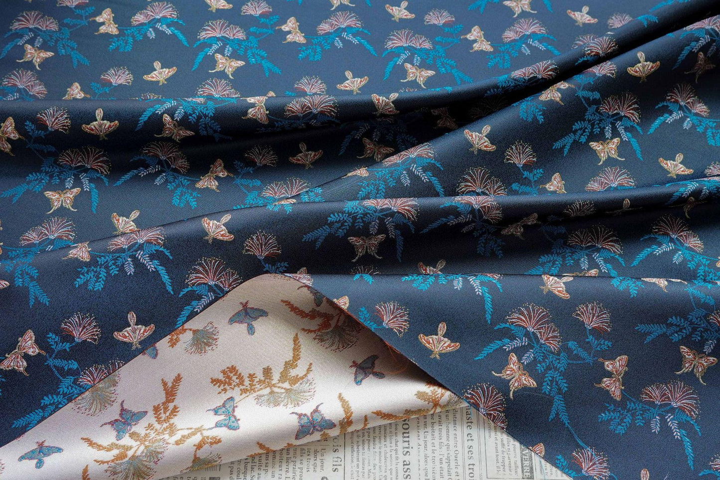 Reversible Butterfly Floral Song Brocade Fabric, Yarn-Dyed Jacquard Textile for Qipao, Hanfu, Dresses, Bags and Sewing, 59"Wide