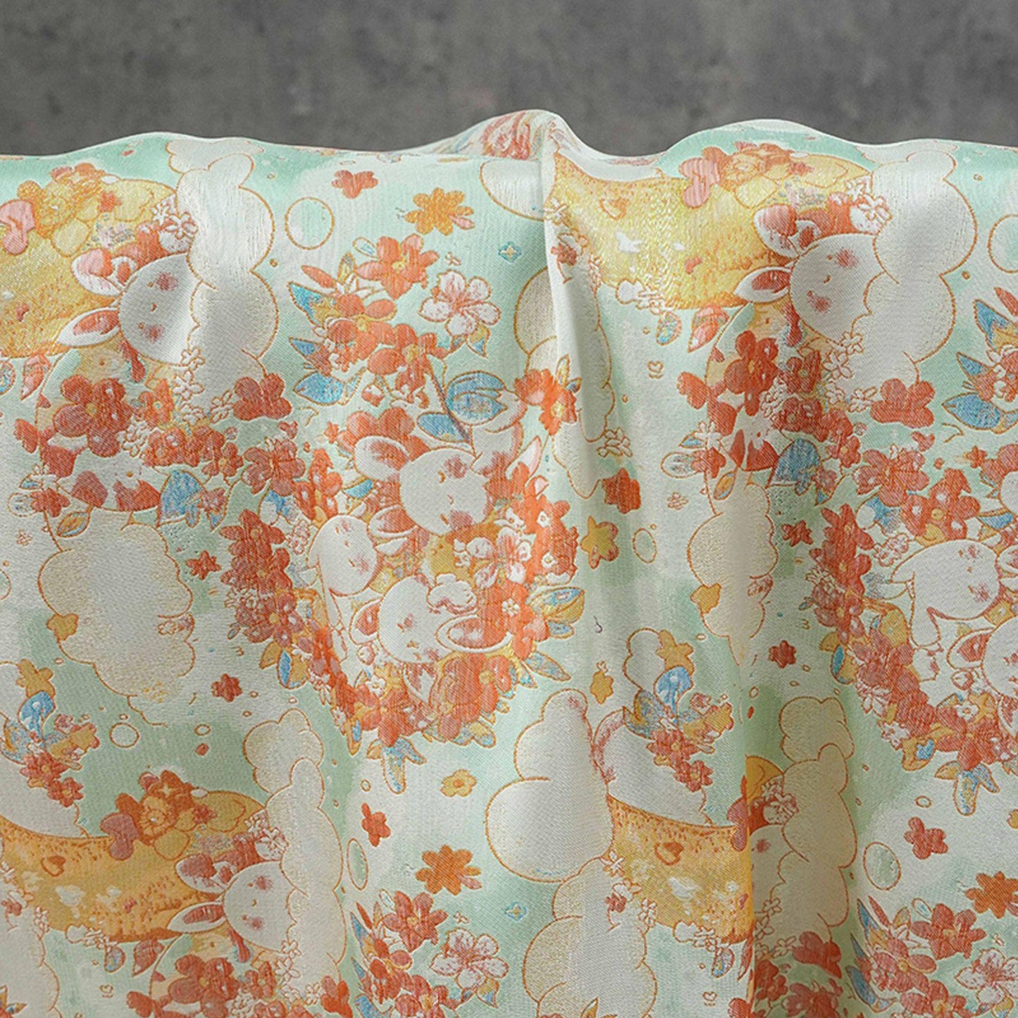 Blooming Cloud Rabbit Song Brocade Fabric, Chinese Jacquard Brocade with Gold Thread, Rabbit Floral Fabric for Hanfu Qipao Decor, 65"Wide