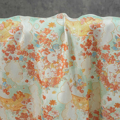 Blooming Cloud Rabbit Song Brocade Fabric, Chinese Jacquard Brocade with Gold Thread, Rabbit Floral Fabric for Hanfu Qipao Decor, 65"Wide