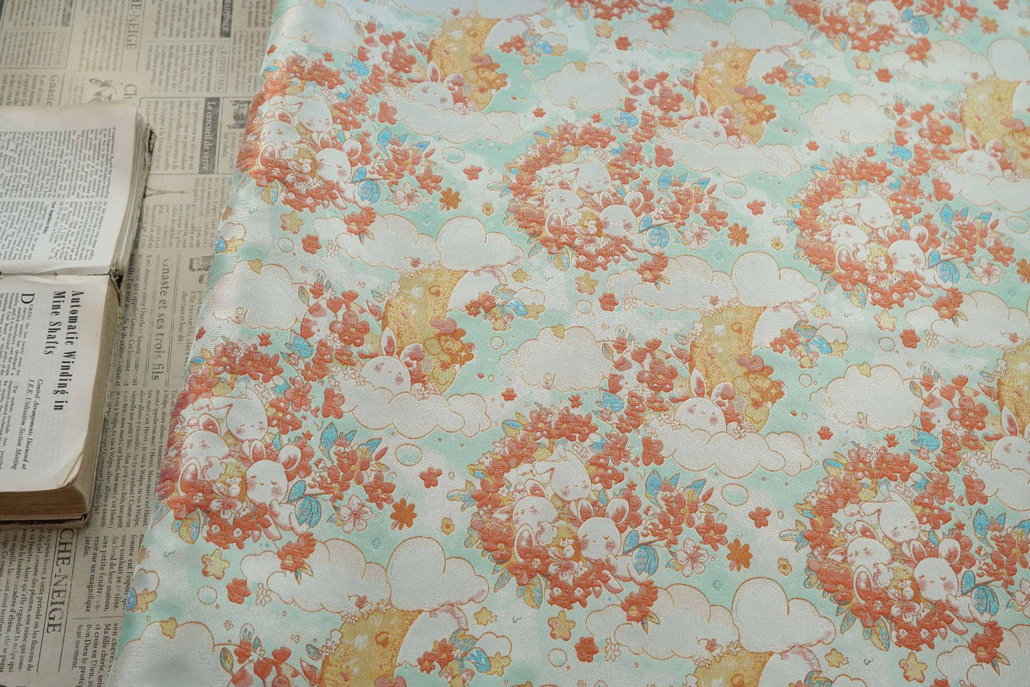 Blooming Cloud Rabbit Song Brocade Fabric, Chinese Jacquard Brocade with Gold Thread, Rabbit Floral Fabric for Hanfu Qipao Decor, 65"Wide