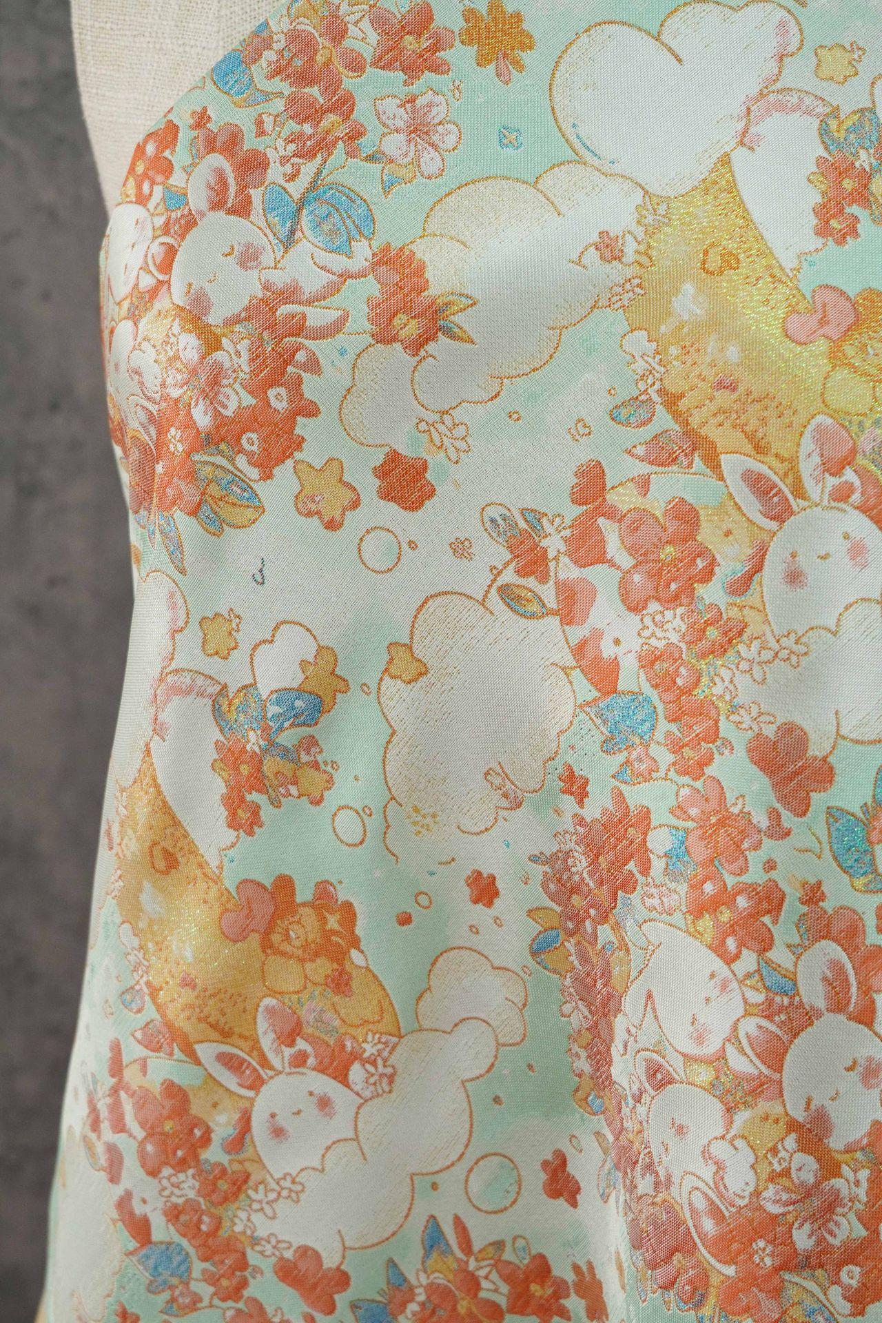 Blooming Cloud Rabbit Song Brocade Fabric, Chinese Jacquard Brocade with Gold Thread, Rabbit Floral Fabric for Hanfu Qipao Decor, 65"Wide