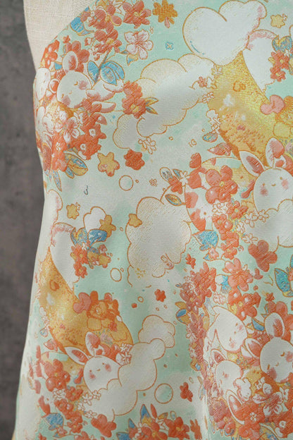 Blooming Cloud Rabbit Song Brocade Fabric, Chinese Jacquard Brocade with Gold Thread, Rabbit Floral Fabric for Hanfu Qipao Decor, 65"Wide