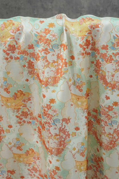 Blooming Cloud Rabbit Song Brocade Fabric, Chinese Jacquard Brocade with Gold Thread, Rabbit Floral Fabric for Hanfu Qipao Decor, 65"Wide