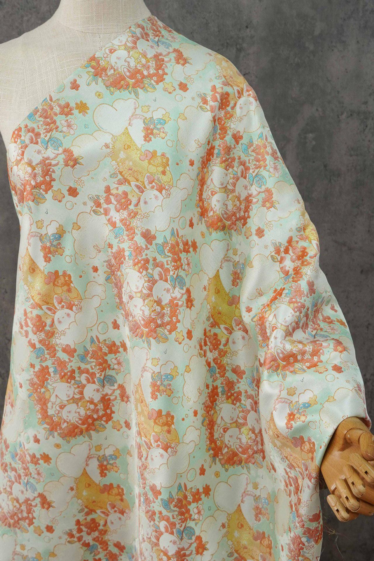 Blooming Cloud Rabbit Song Brocade Fabric, Chinese Jacquard Brocade with Gold Thread, Rabbit Floral Fabric for Hanfu Qipao Decor, 65"Wide