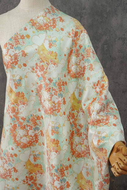 Blooming Cloud Rabbit Song Brocade Fabric, Chinese Jacquard Brocade with Gold Thread, Rabbit Floral Fabric for Hanfu Qipao Decor, 65"Wide
