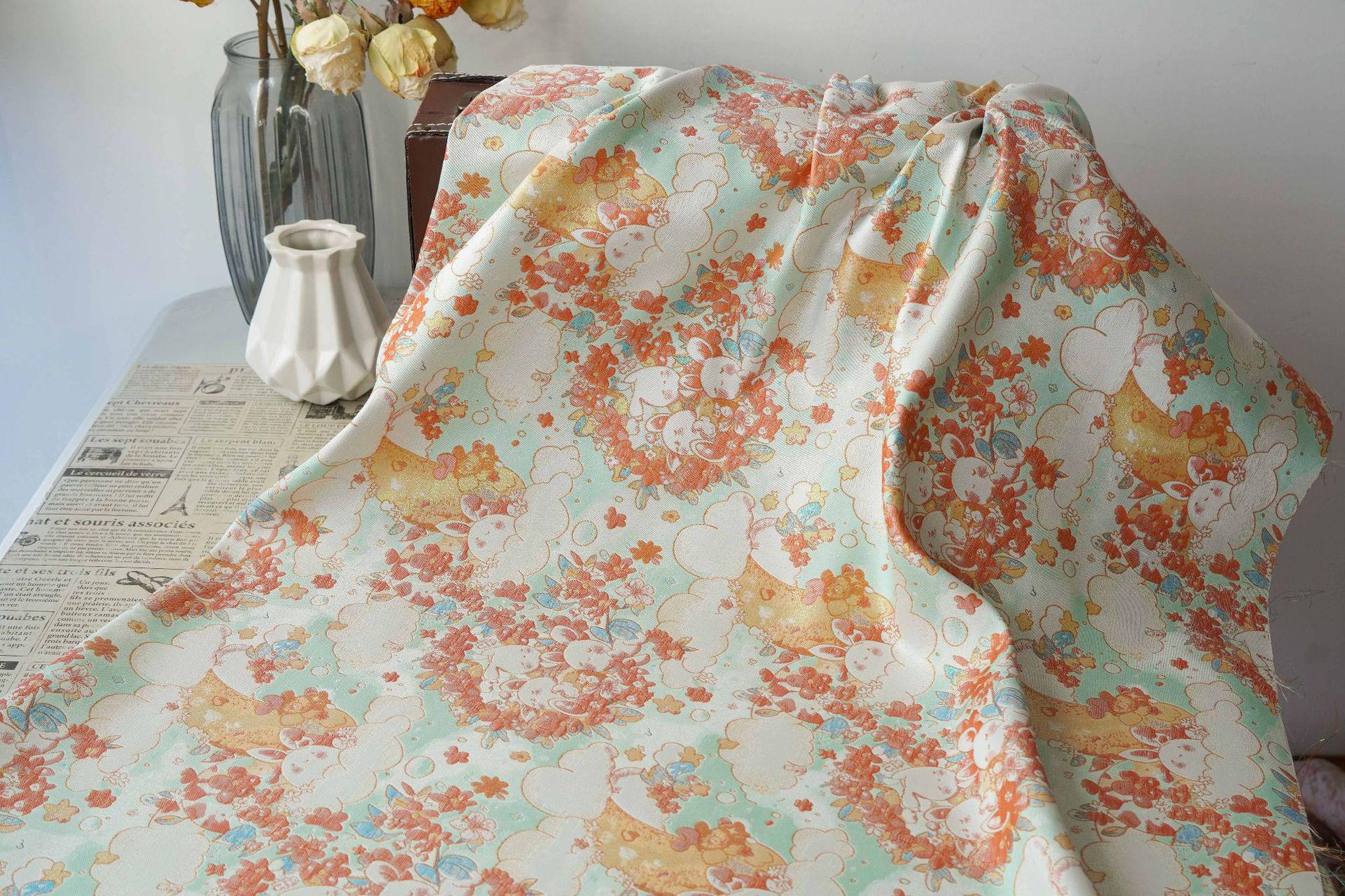 Blooming Cloud Rabbit Song Brocade Fabric, Chinese Jacquard Brocade with Gold Thread, Rabbit Floral Fabric for Hanfu Qipao Decor, 65"Wide
