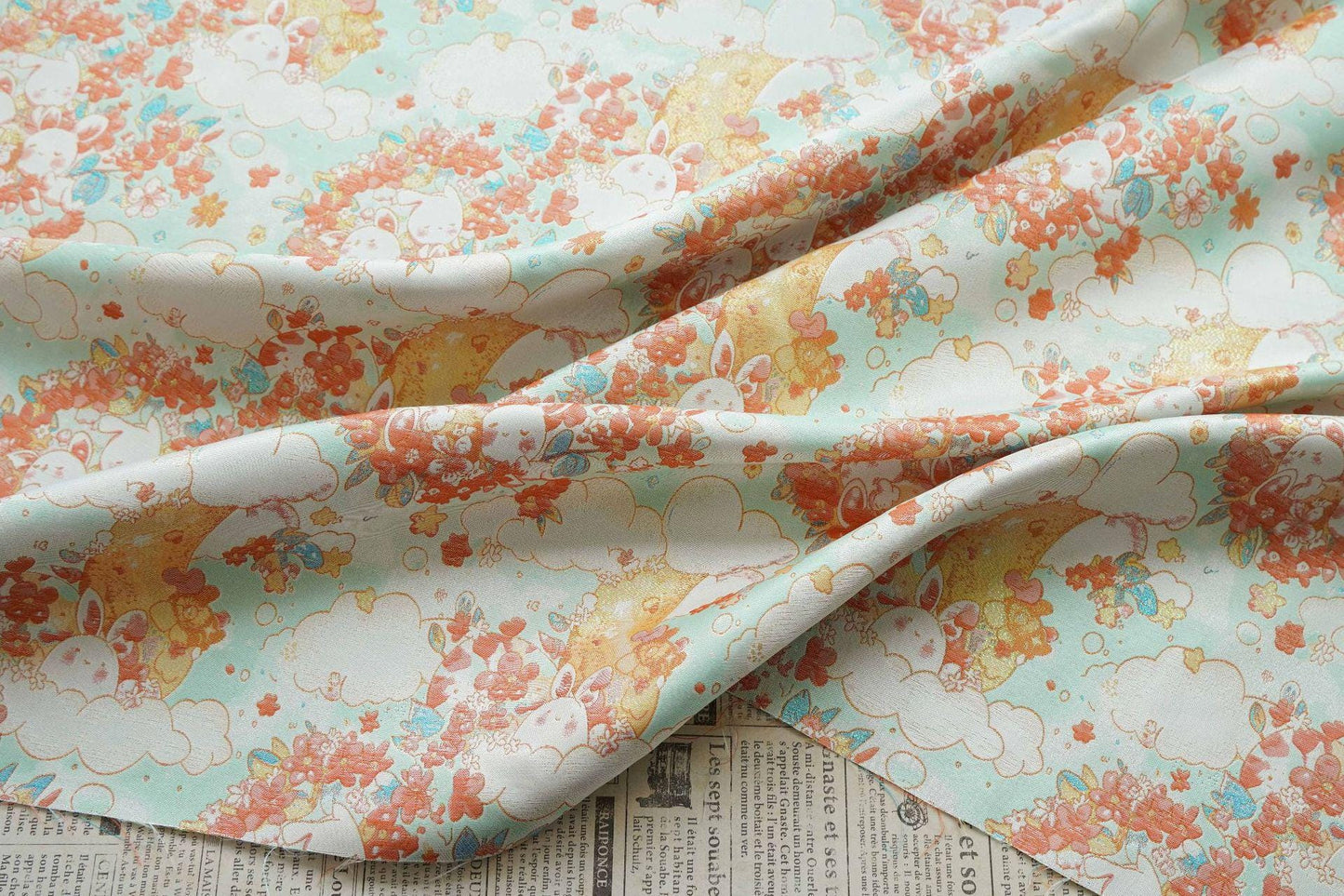 Blooming Cloud Rabbit Song Brocade Fabric, Chinese Jacquard Brocade with Gold Thread, Rabbit Floral Fabric for Hanfu Qipao Decor, 65"Wide