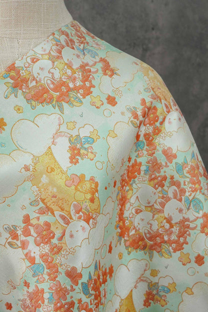 Blooming Cloud Rabbit Song Brocade Fabric, Chinese Jacquard Brocade with Gold Thread, Rabbit Floral Fabric for Hanfu Qipao Decor, 65"Wide