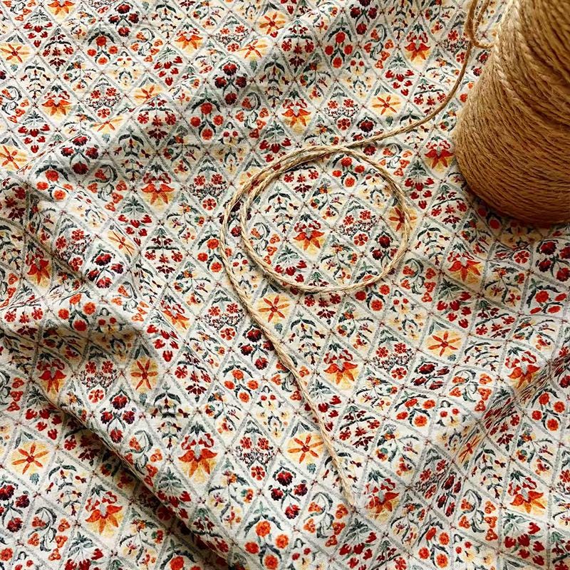 Small Floral Printed Cotton Fabric, Folk Floral Medallion Pattern Textile for Dressmaking, Quilting, Sewing and DIY Crafts
