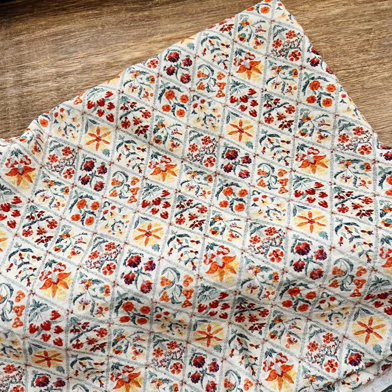 Small Floral Printed Cotton Fabric, Folk Floral Medallion Pattern Textile for Dressmaking, Quilting, Sewing and DIY Crafts