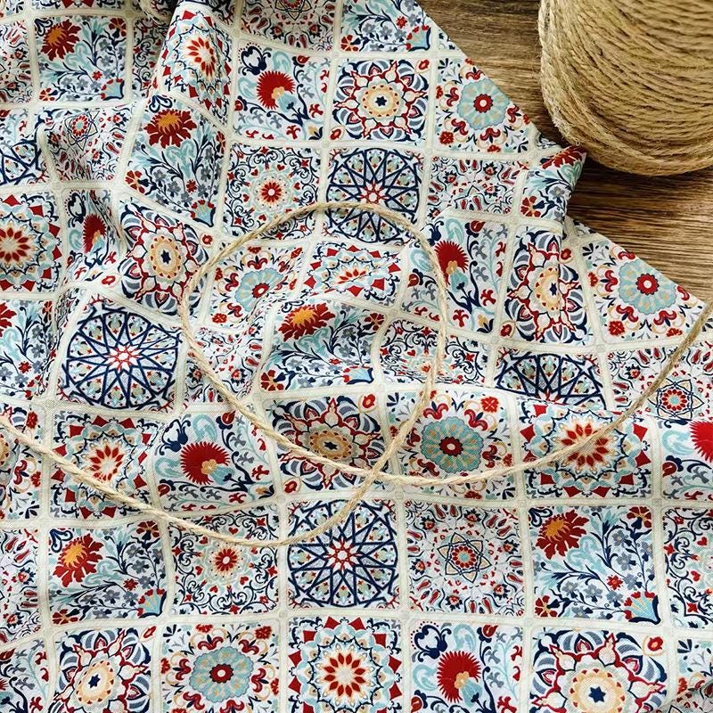 Floral Medallion Print Cotton Fabric, Small Botanical Pattern Sewing Textile for Dresses, Quilting, Crafts and Home Decor