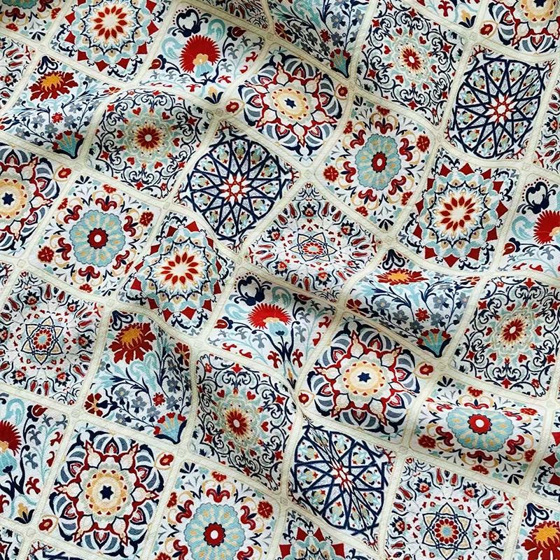 Floral Medallion Print Cotton Fabric, Small Botanical Pattern Sewing Textile for Dresses, Quilting, Crafts and Home Decor