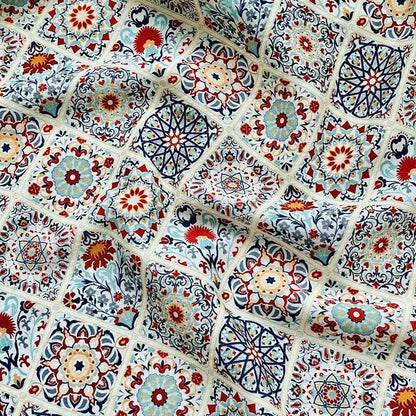 Floral Medallion Print Cotton Fabric, Small Botanical Pattern Sewing Textile for Dresses, Quilting, Crafts and Home Decor