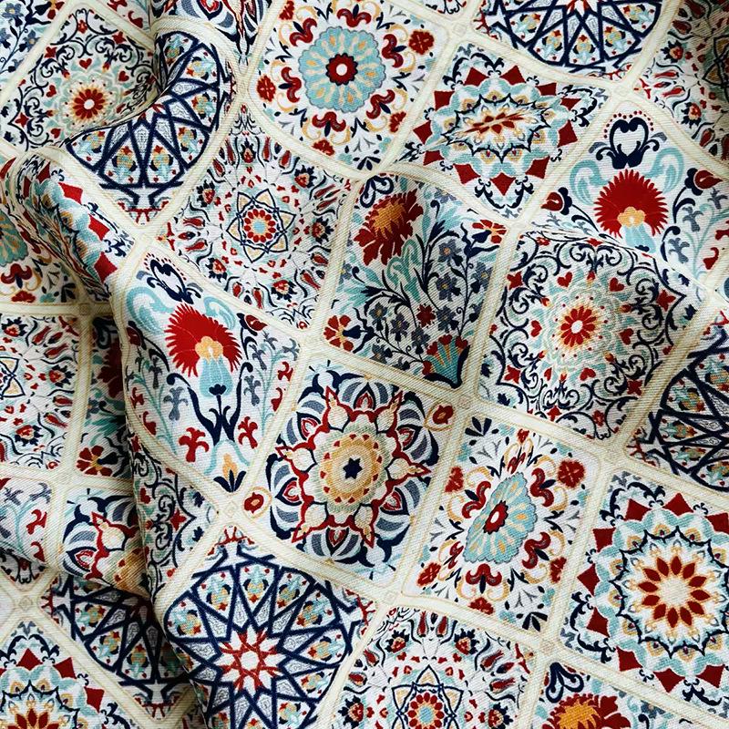 Floral Medallion Print Cotton Fabric, Small Botanical Pattern Sewing Textile for Dresses, Quilting, Crafts and Home Decor