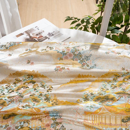 Garden Floral Landscape Brocade Jacquard Fabric, 3D Woven Textile for Kimono, Qipao, Hanfu, Jackets, Bags and Sewing, 59"W