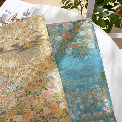 Garden Pavilion Floral Brocade Jacquard Fabric, 3D Scenic Woven Textile for Kimono, Hanfu, Qipao, Jackets, Bags and Sewing, 59"W
