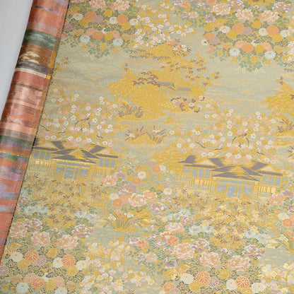 Garden Pavilion Floral Brocade Jacquard Fabric, 3D Scenic Woven Textile for Kimono, Hanfu, Qipao, Jackets, Bags and Sewing, 59"W