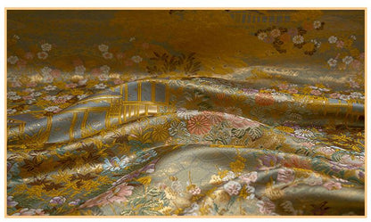 Garden Pavilion Floral Brocade Jacquard Fabric, 3D Scenic Woven Textile for Kimono, Hanfu, Qipao, Jackets, Bags and Sewing, 59"W
