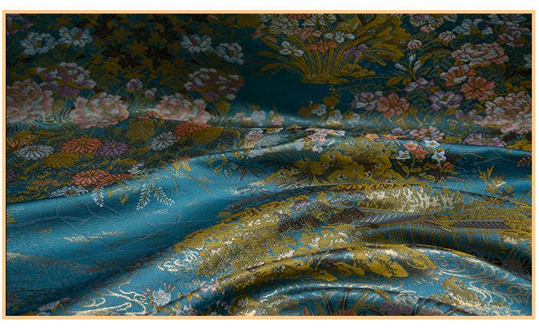 Garden Pavilion Floral Brocade Jacquard Fabric, 3D Scenic Woven Textile for Kimono, Hanfu, Qipao, Jackets, Bags and Sewing, 59"W