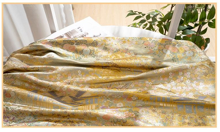 Garden Pavilion Floral Brocade Jacquard Fabric, 3D Scenic Woven Textile for Kimono, Hanfu, Qipao, Jackets, Bags and Sewing, 59"W