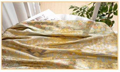 Garden Pavilion Floral Brocade Jacquard Fabric, 3D Scenic Woven Textile for Kimono, Hanfu, Qipao, Jackets, Bags and Sewing, 59"W