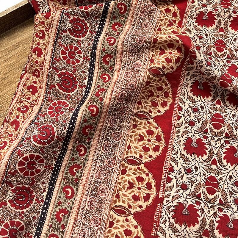 Ornamental Floral Stripe Print Cotton Fabric, Vintage-Style Botanical Textile for Dresses, Quilting, Crafts and Home Decor