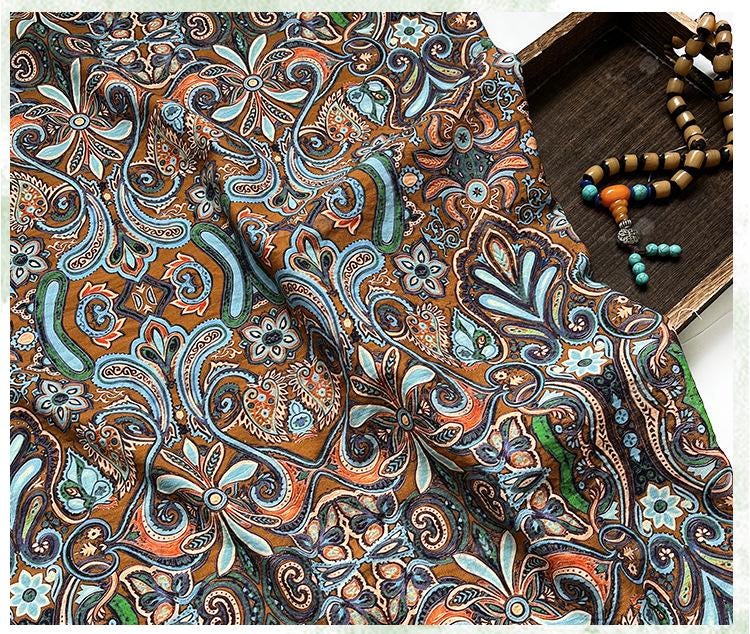 Ornamental Paisley Floral Print Fabric, Botanical Vine Textile for Dresses, Bags, Crafts, Sewing and Home Decor