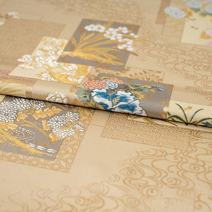 Gold Japanese Brocade Fabric, Floral Bird Panel Kinran Jacquard, Nishijin Style Obi Fabric for Kimono, Crafts, Home Decor