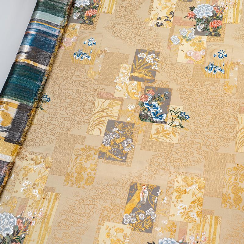 Gold Japanese Brocade Fabric, Floral Bird Panel Kinran Jacquard, Nishijin Style Obi Fabric for Kimono, Crafts, Home Decor
